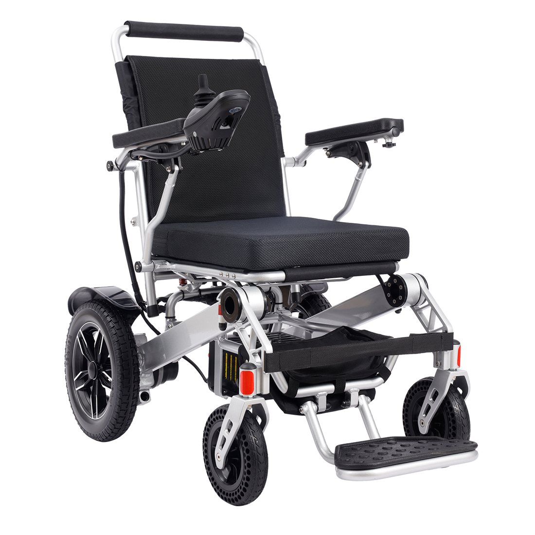 HBS-0010 folding electric wheelchair — black seat on a silver aluminium frame