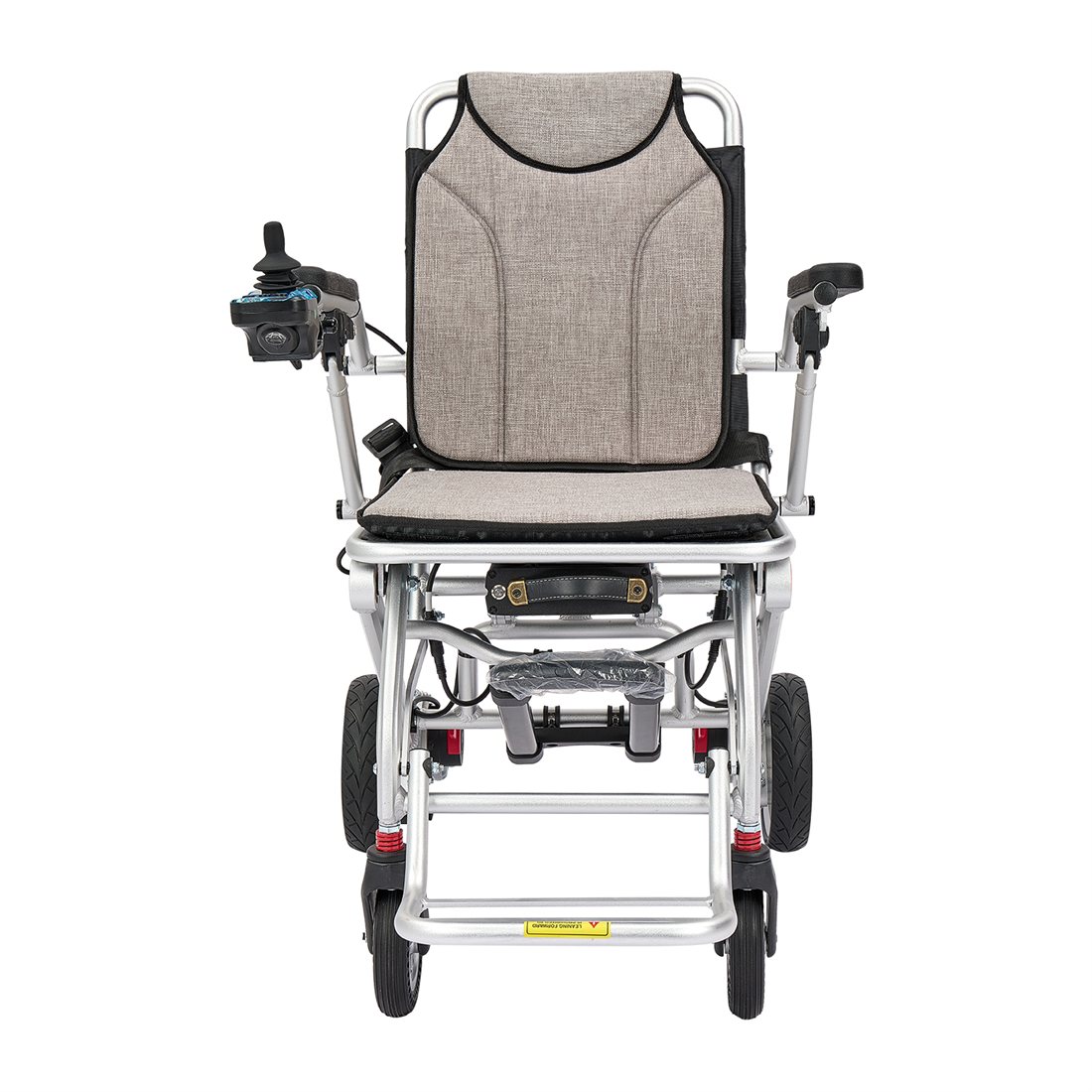 HBS-0023 lightweight travel electric wheelchair with a beige seat on a silver aluminium frame