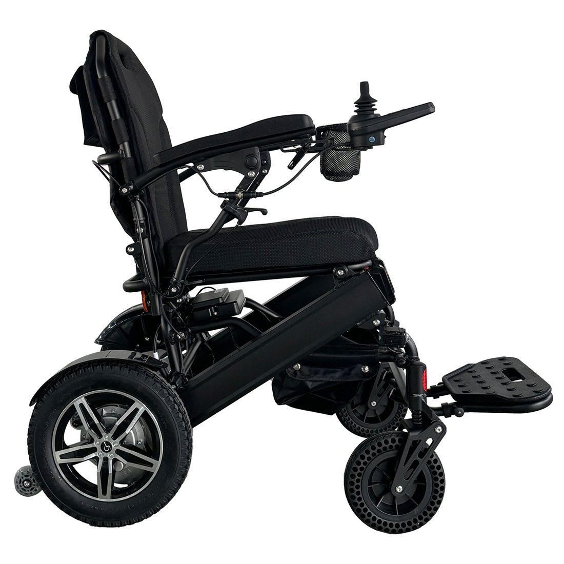 HBS-0080 all-terrain folding electric wheelchair — side profile of the black chair on an aluminium-alloy frame
